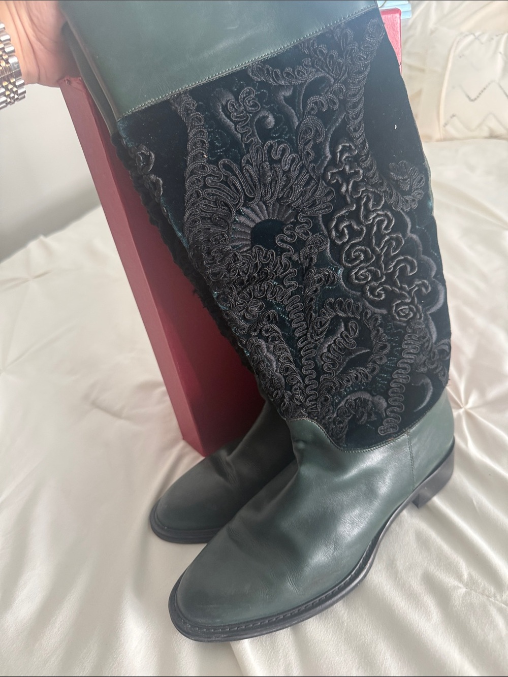 Salvatore Ferragamo Dark Green and Black Embroidered Knee-High Heeled Boots